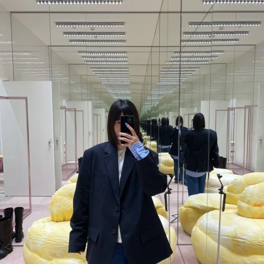正确版-秀款南油男友风层次拼接假两件条纹宽松高定西装外套上衣