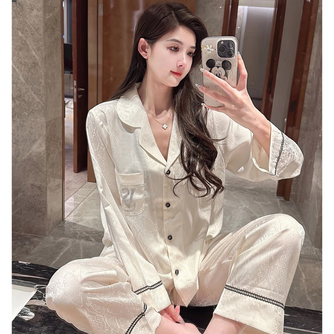 2025春夏长袖薄款超薄冰丝提花睡衣女开衫高级感家居服可外穿