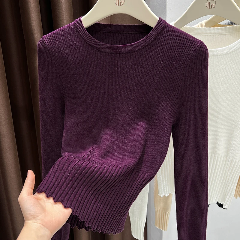 紫色圆领薄款内搭洋气上衣2025秋季新款气质修身短款显瘦长袖T恤