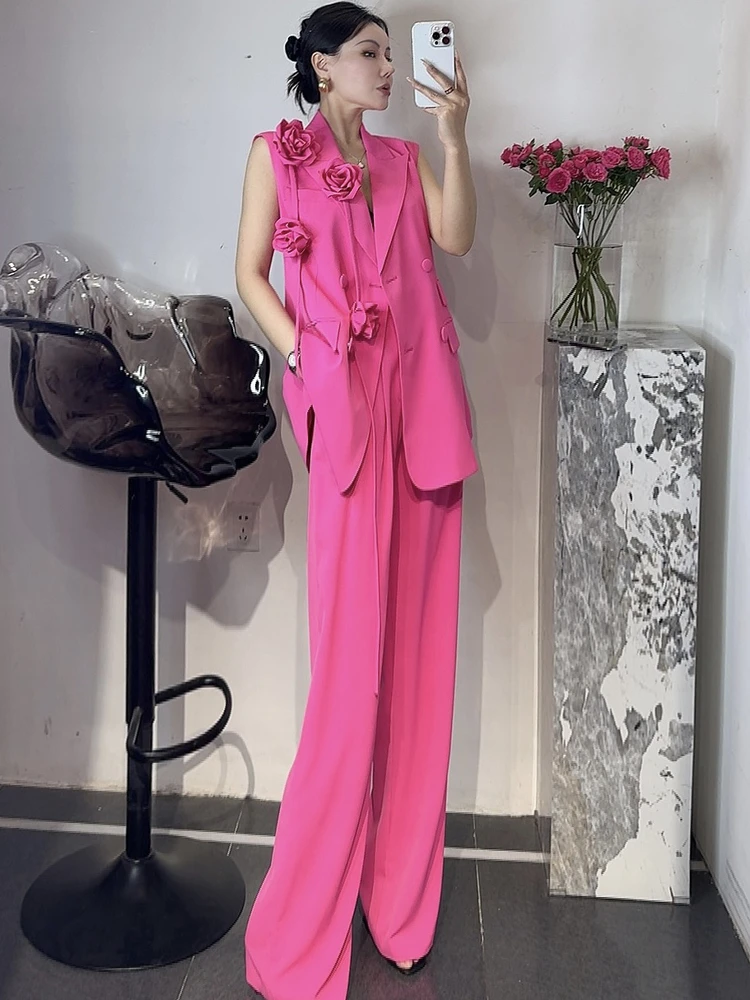 高端女装设计感粉色花朵后背蝴蝶结坎肩超好看无袖上衣阔腿裤套装