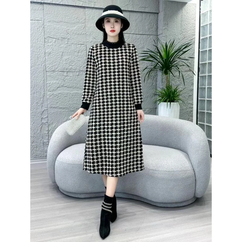 千鸟格新款休闲时尚气质过膝裙子加绒保暖半高领妈妈装连衣裙女