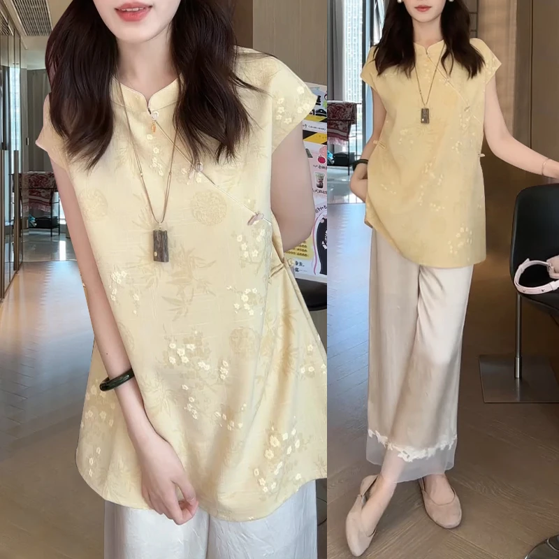 新中式潮流两件套女生2026年夏季新款国风立领短袖上衣休闲裤套装