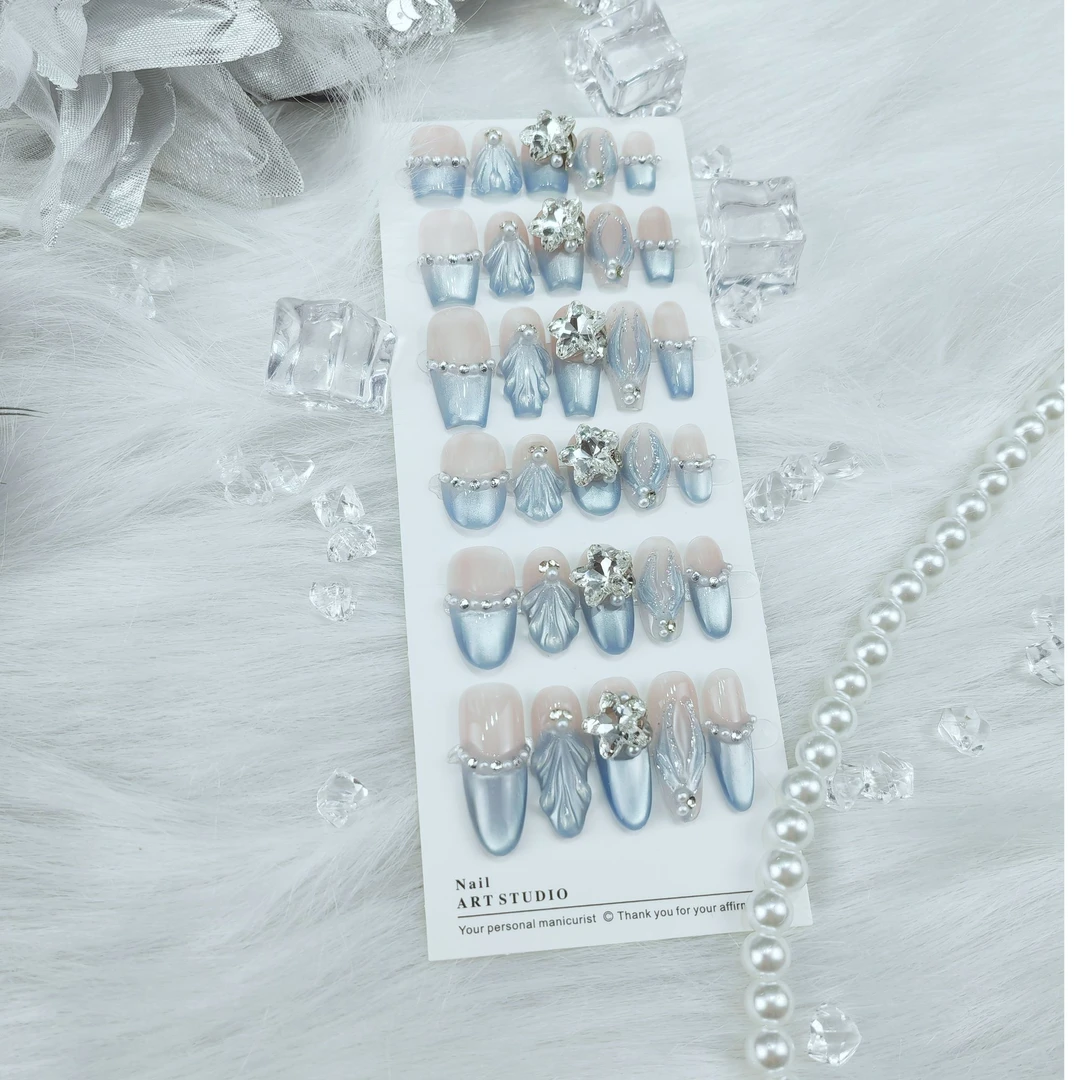 鱼尾精灵穿戴甲蓝色猫眼鱼尾水波纹美甲贴片仙女蓝色猫眼贴片