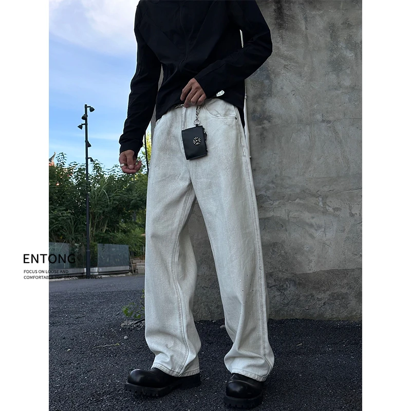Entong美式水洗做旧牛仔裤男款百搭宽松直筒休闲裤秋季痞帅长裤潮