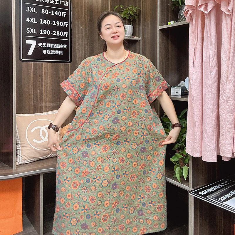 夏季大码睡裙中国风短袖纯棉100%纱布休闲裙胖mm薄款连衣裙可外穿