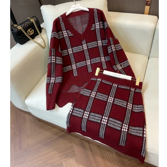 【鑫蕾】慵懒风格子毛衣套装宽松V领长袖上衣半身裙28536