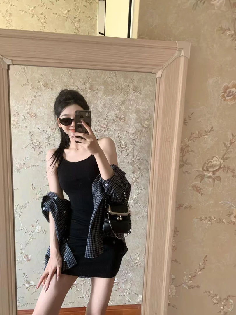 2025夏季新款韩系格子长袖外套甜气质搭收腰背心连衣裙无袖吊带裙