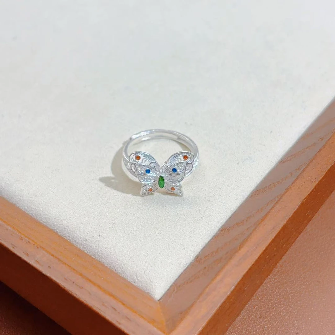 足银戒指 双层花丝足银蝴蝶戒指