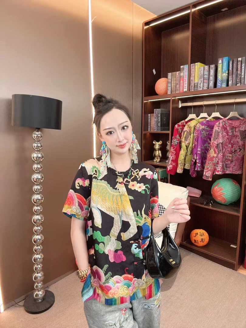 【沐木家】“福瑞麒麟”新中式国潮风设计师定制气质款斜襟短袖16923