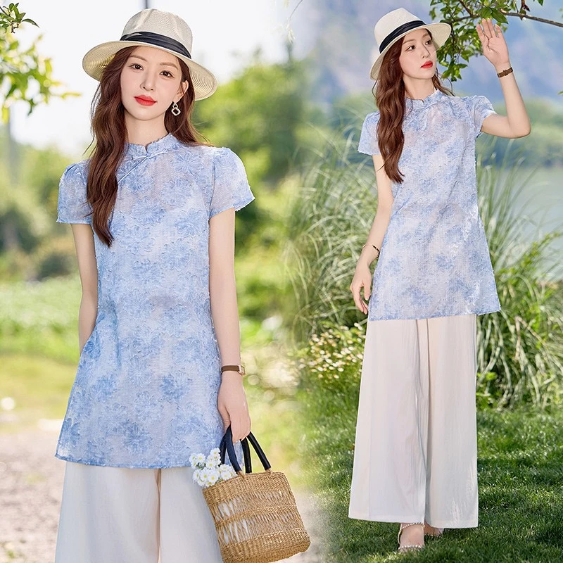新中式国风套装女2025夏季新款高级感超好看提花上衣+潮流阔腿裤