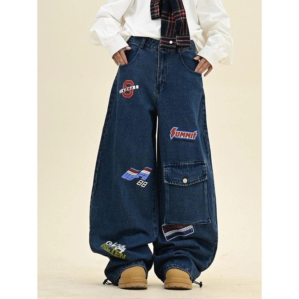 美式复古潮牌刺绣弯刀牛仔裤男女新款宽松百搭嘻哈街头拖地长裤子