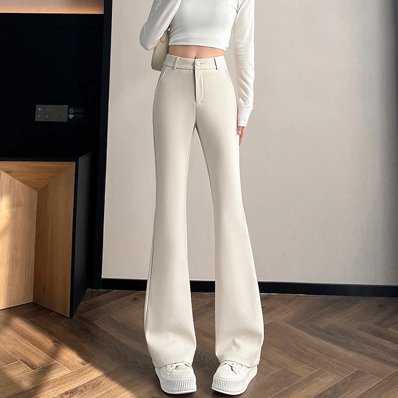 杏色微喇裤女2025春秋新款高腰垂感显瘦小个子春秋西装喇叭裤