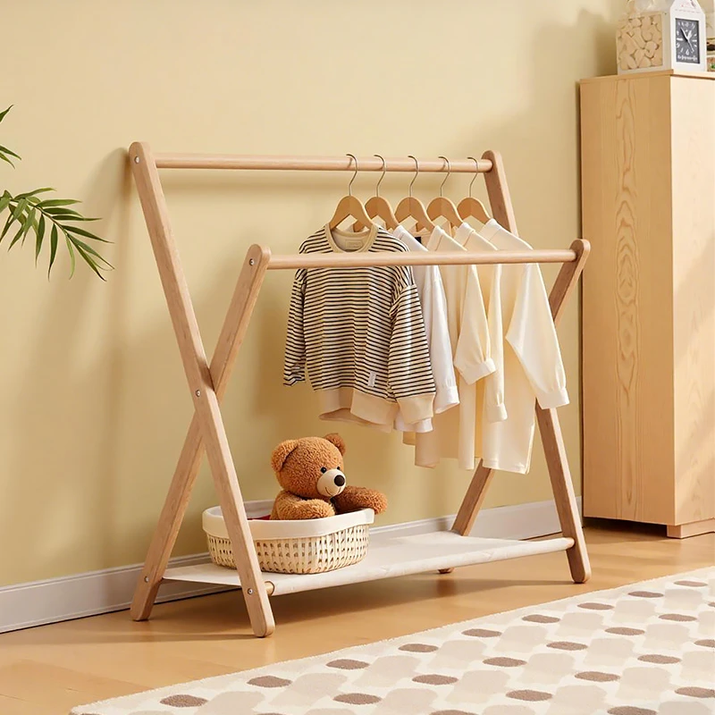 实木挂衣架家用卧室落地衣帽架带兜儿童床边房间立式小型置物架子