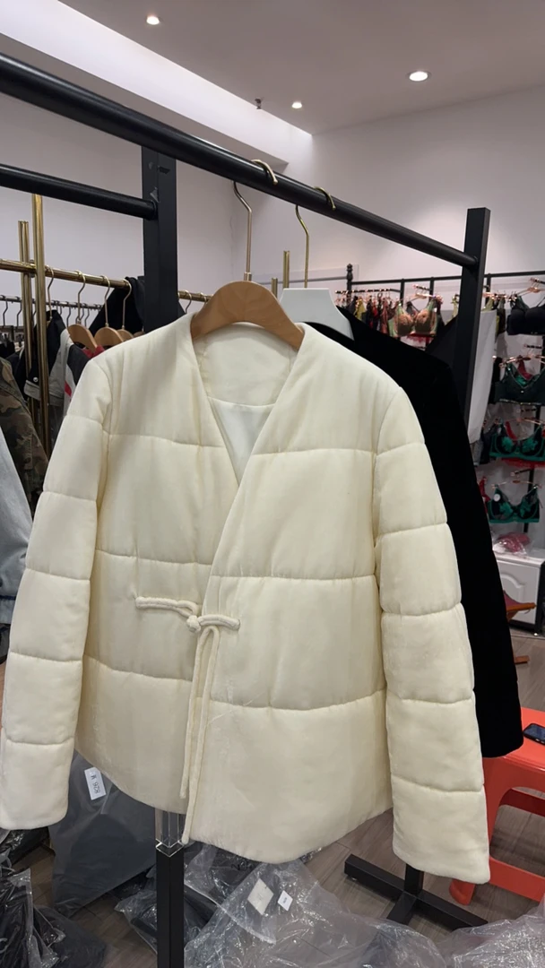 国风新中式丝绒棉服女长袖上衣V领盘扣中长款外套
