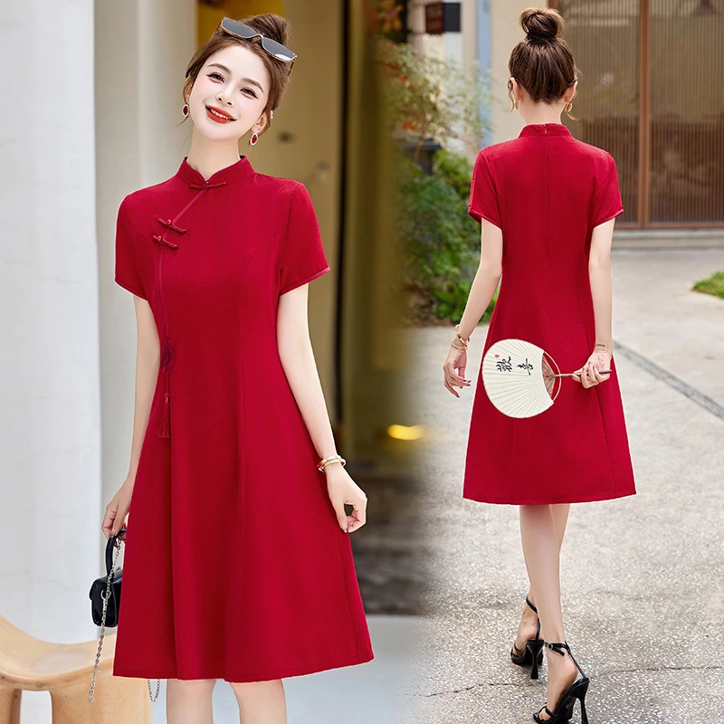 中国风显瘦气质中长款日常连衣裙复古旗袍裙改良修身遮肚女款