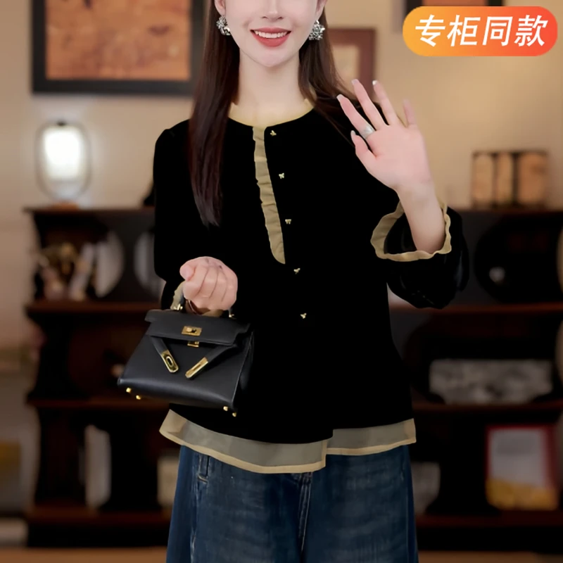 休闲上衣长袖春秋冬新款假两件衬衣女时尚洋气高端新中式衬衫