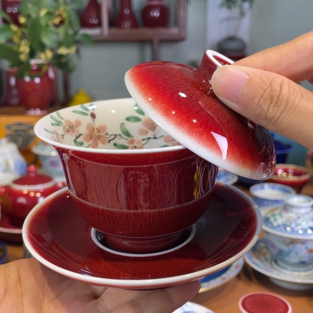 清欢雅玩原矿郎红内绘桃花小元宝盖碗