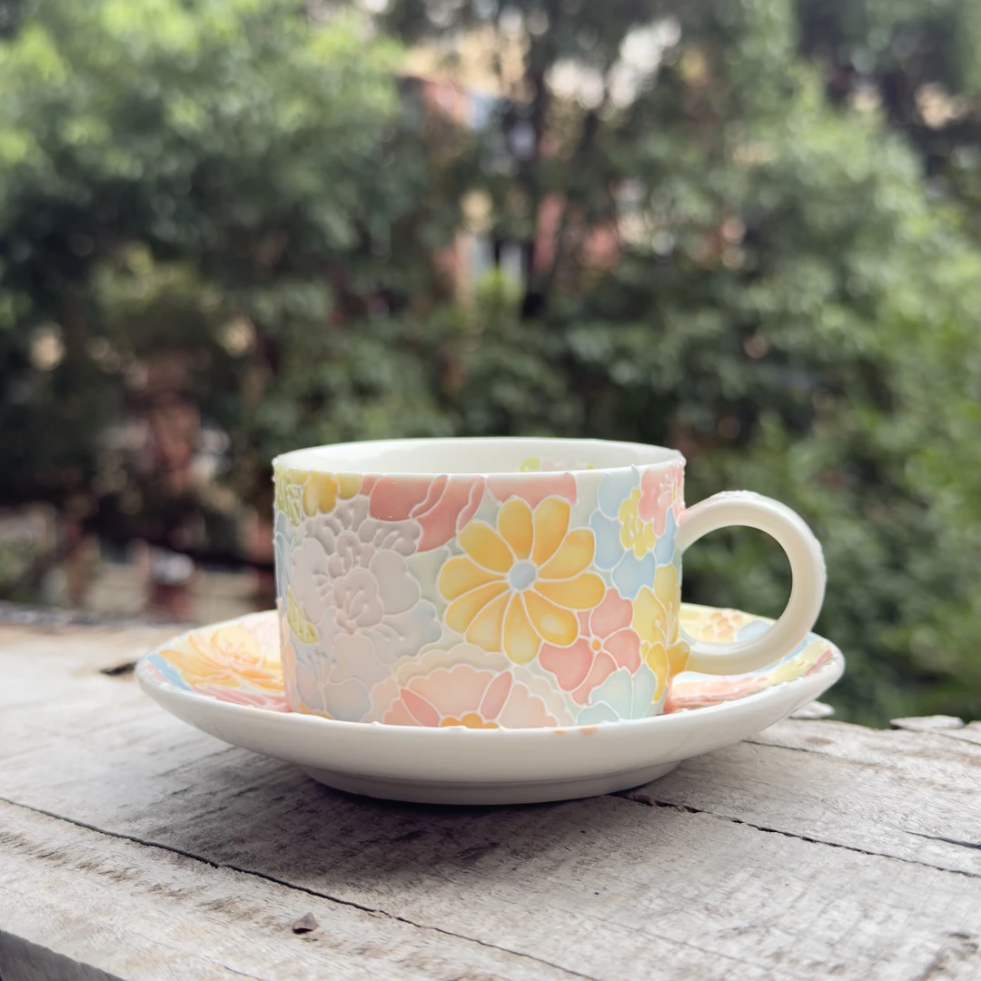 景德镇陶瓷手绘中古万花咖啡杯精致英式可爱勺子杯家用早餐杯