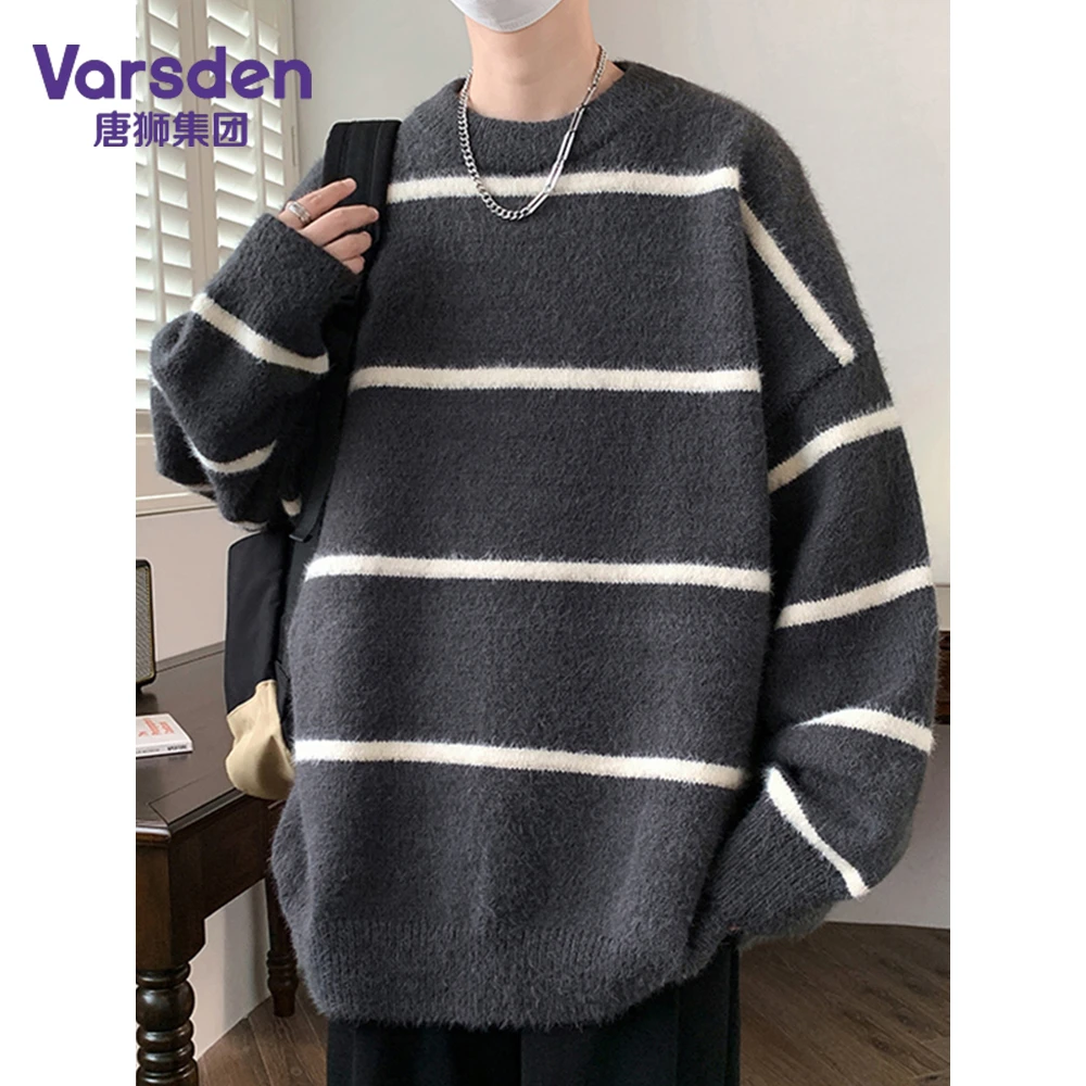 唐狮集团Varsden复古拼接撞色条纹秋冬圆领针织毛衣宽松男款上衣