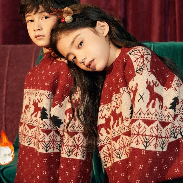 男女童毛衣秋冬新款可爱圣诞红色上衣韩版宝宝加厚加绒套头针织衫