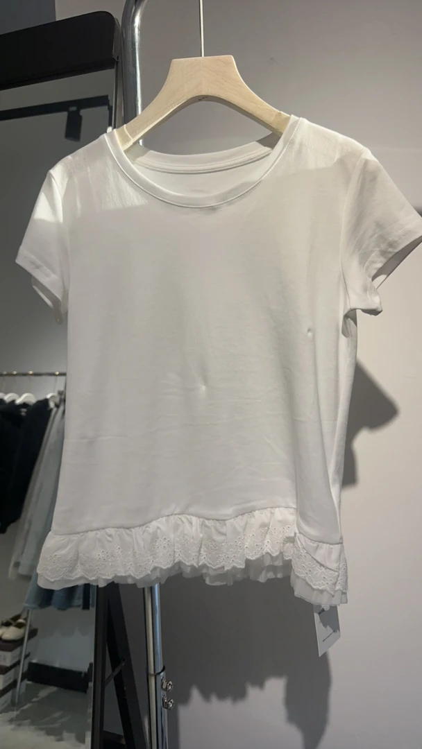 短袖女白色针织休闲百搭女士纯色蕾丝夏季圆领