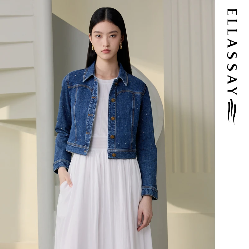 ELLASSAY歌力思2025秋季新款棉舒适烫钻牛仔短外套女EWU363N00200
