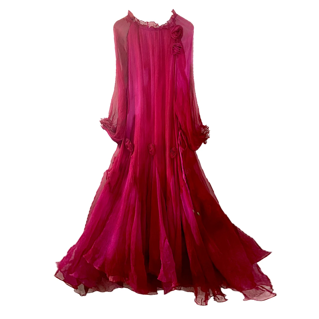 新款宽松100%桑蚕丝高级感轻奢设计感玫瑰飘花气质中长款连衣裙女