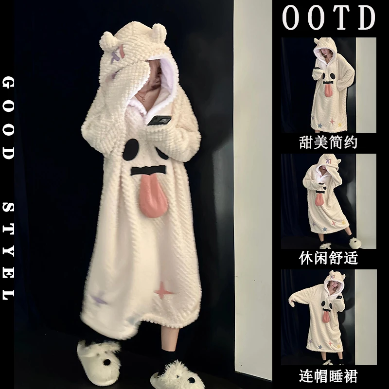 珊瑚绒长袖睡裙女冬季新款可爱风卡通加绒加厚宽松连帽睡袍家居服