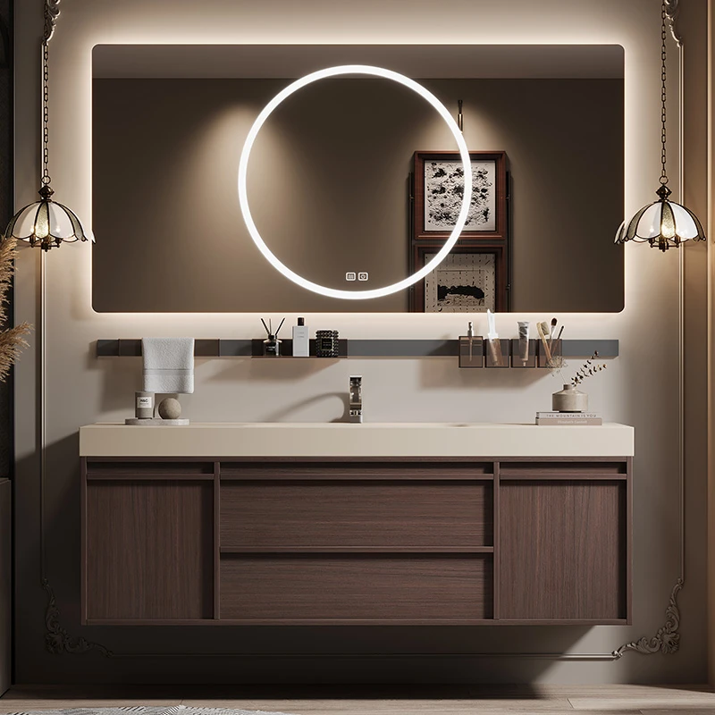 原木风浴室柜组合简约骨骼线条卫浴柜岩板热弯一体盆zg016