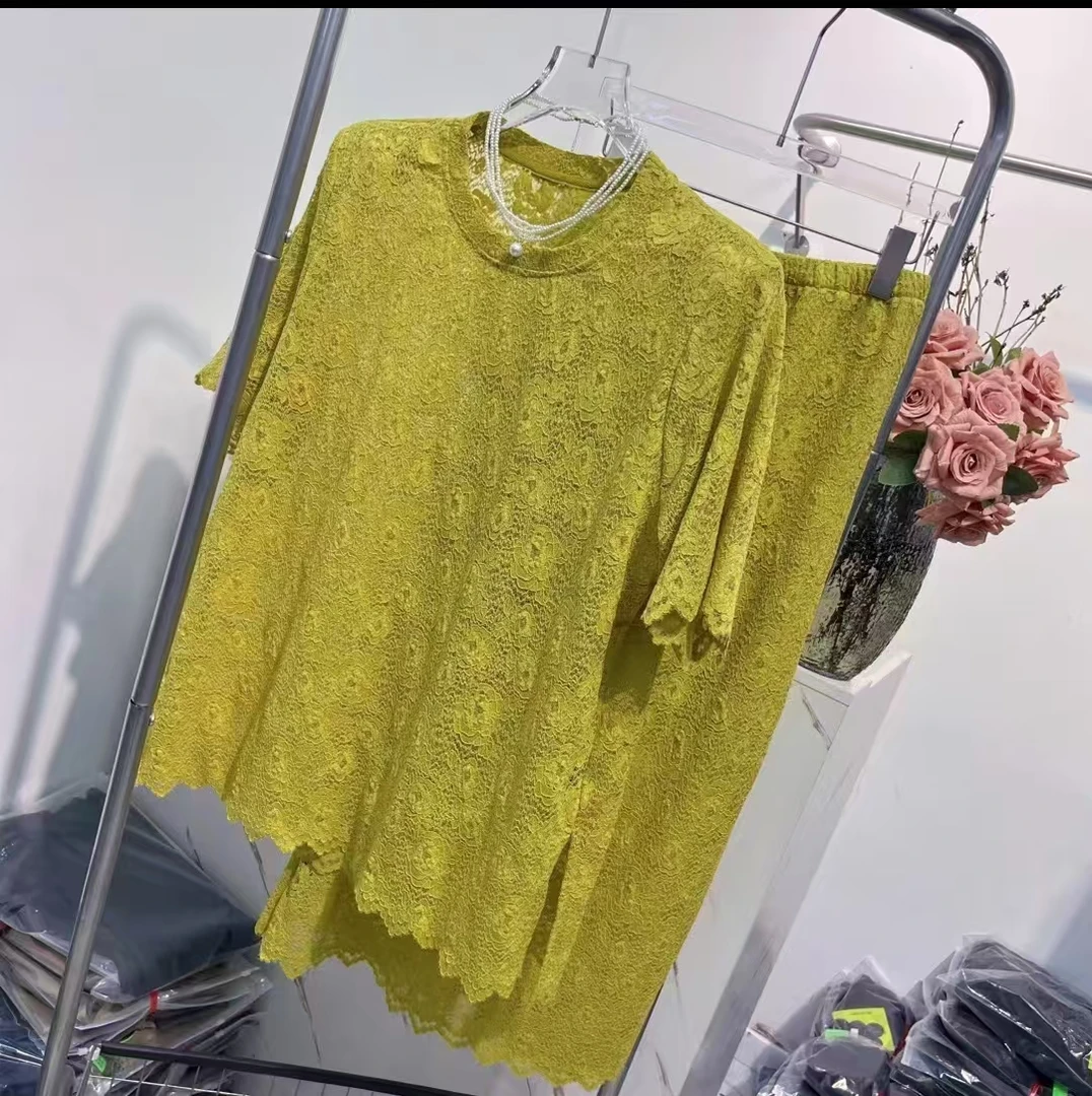 欧洲站.洋气新款高端欧货气质感圆领修身蕾丝上衣裤子两件套女