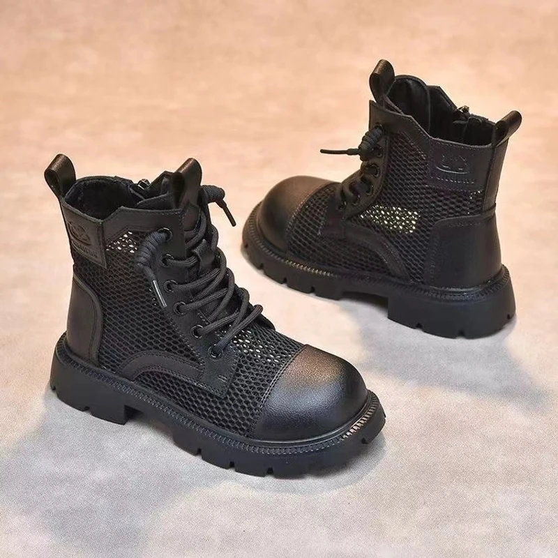 ABC女童马丁靴夏季新款小孩小女孩透气镂空网纱靴黑色儿童单靴潮