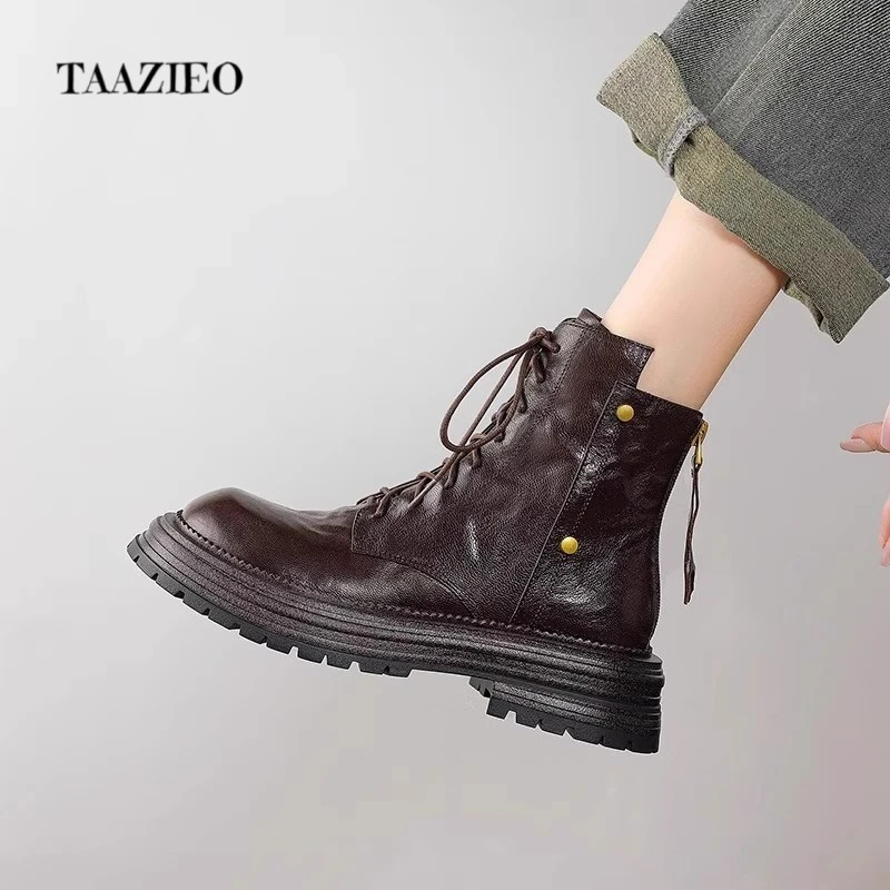 TAAZIEO手抓羊皮~英伦风厚底短靴冬季新款复古百搭马丁靴子女真皮
