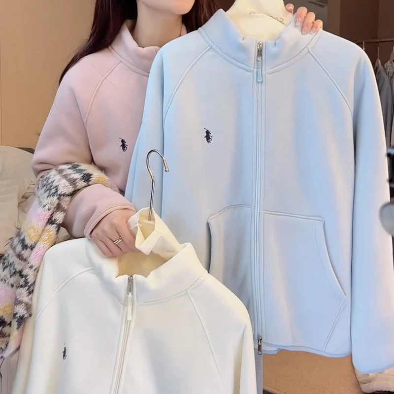 2025秋冬新款加绒加厚立领拉链刺绣极简风保暖卫衣女LK2507273