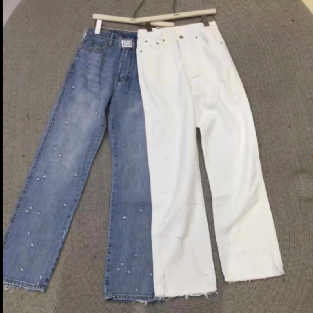 艾米莉#73015秋季福利无弹重工艺磨破直筒牛仔裤，裤长：103cm
