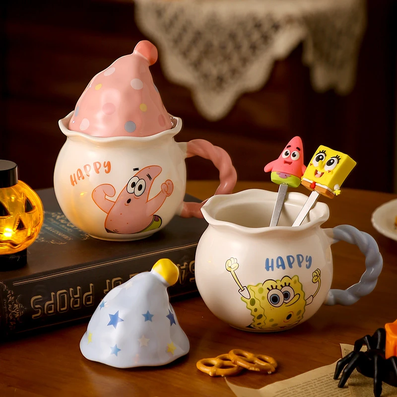 海绵宝宝杯子魔法帽马克杯情侣带盖勺陶瓷水杯闺蜜女生万圣节礼物