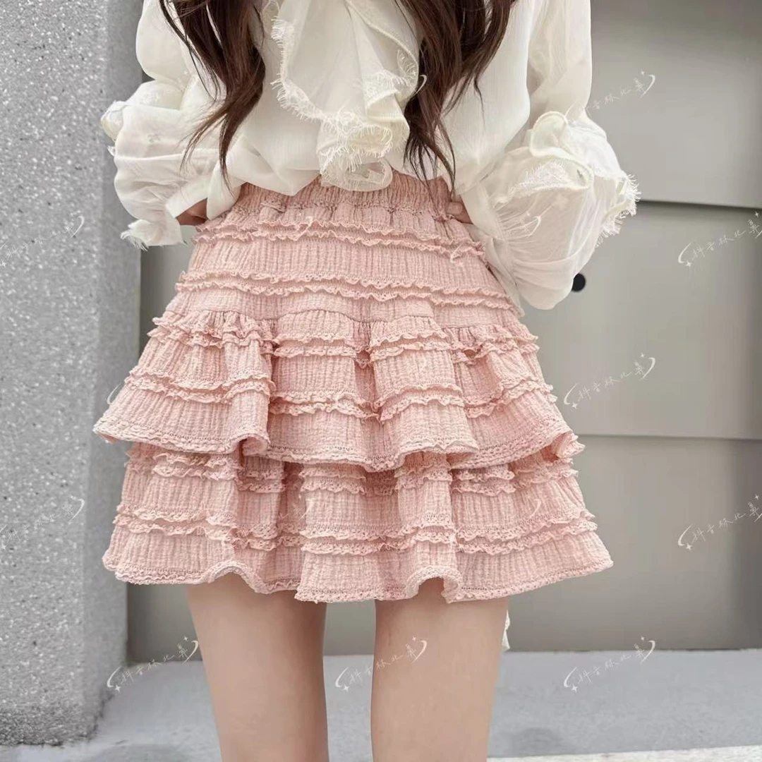 林北鼻-【糖霜短裙】韩单东大门高定蕾丝高腰A 版半身裤裙