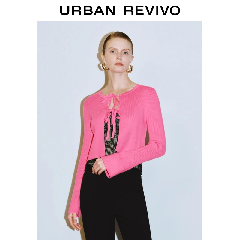 UR2025春季新款女装欧若风时尚设计感系带圆领针织开衫UWG950093