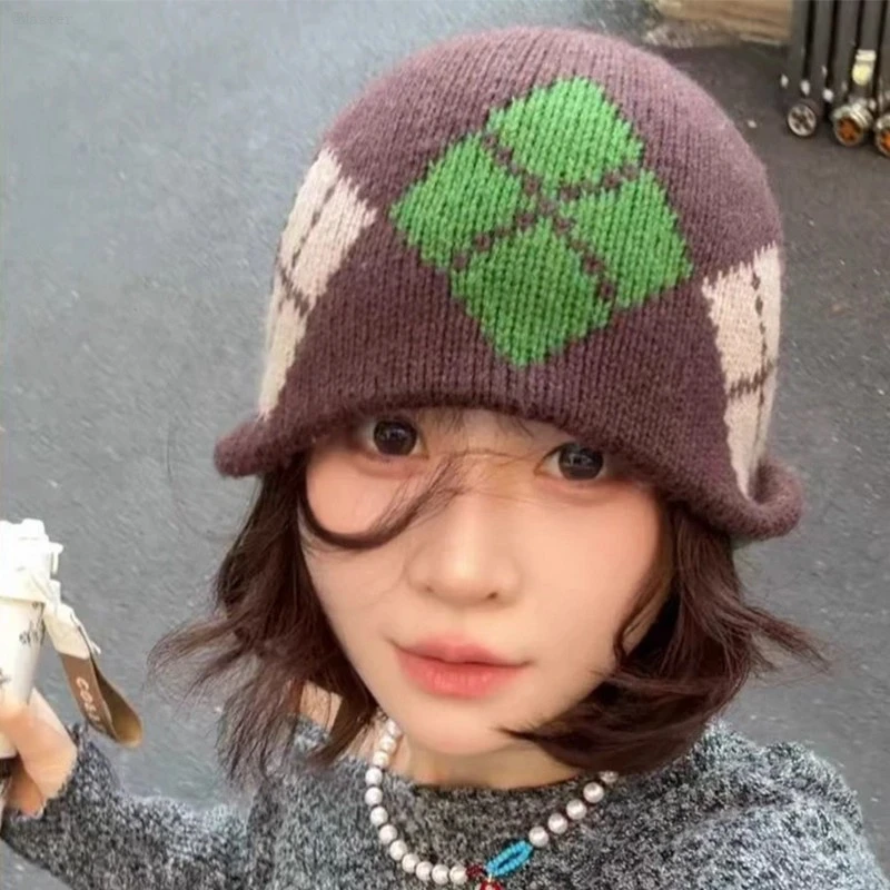 韩系ins菱形拼色针织包头帽子女秋冬保暖毛线帽百搭时尚护耳冷帽