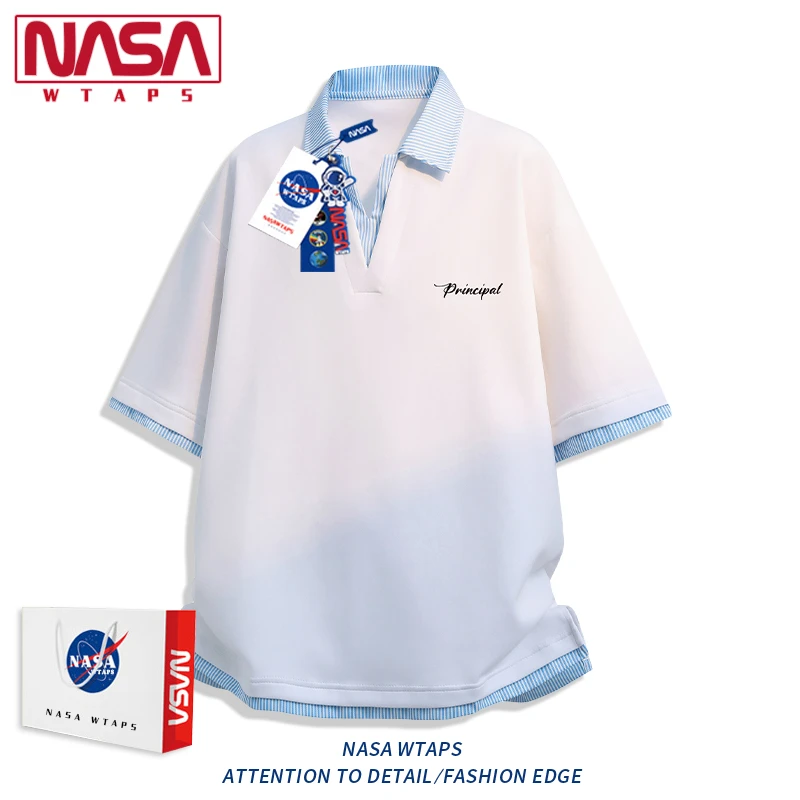 NASA WTAPS学院风polo衫男款短袖夏季潮假两件条纹上衣翻领v领t恤