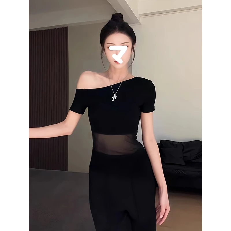 纯欲辣妹高级斜肩网纱拼接短袖T恤女夏性感收腰露肩上衣