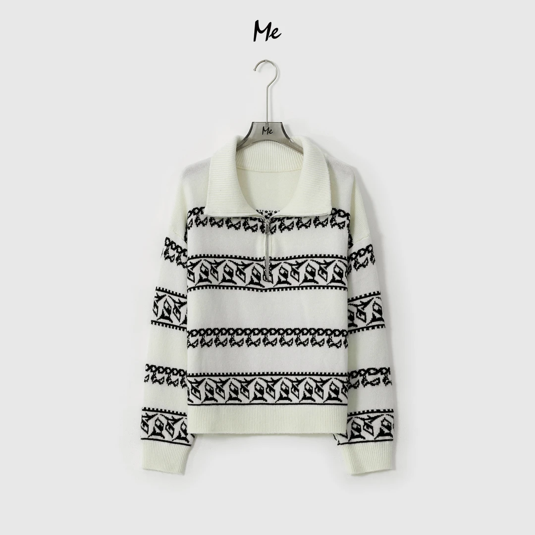 ME【布鲁塞尔】绵羊毛混纺撞色提花针织上衣半拉链百搭毛衣MEQA2858