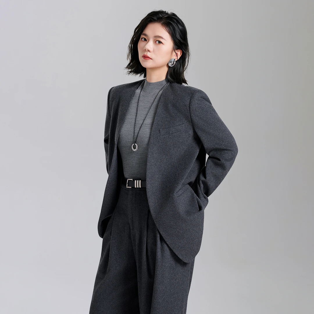 高端优雅羊绒羊毛休闲风西装通勤长袖秋季毛呢外套女宽松气质减龄