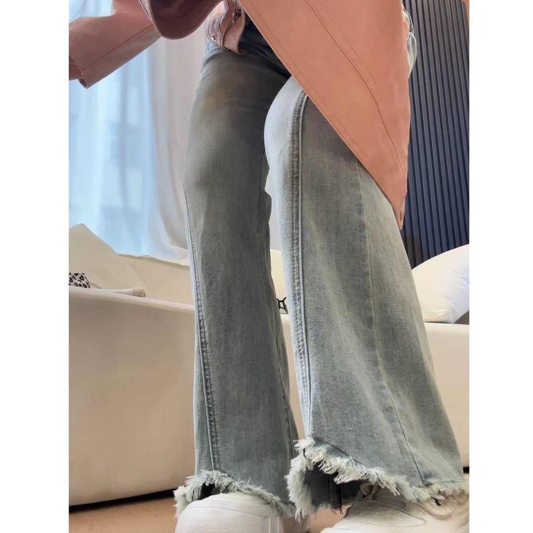 浅蓝色开叉毛边微喇叭牛仔裤高腰显瘦设计感拖地裤女夏季新款