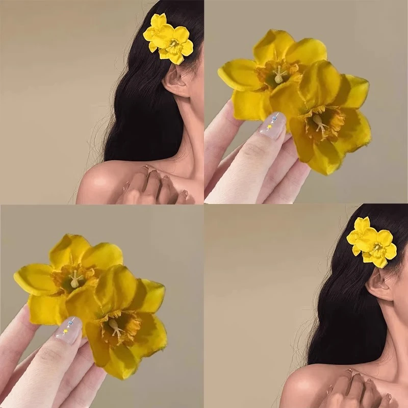 黄色花朵刘海发夹女前额小众侧边夹海边拍照发饰氛围感鸭嘴夹发卡