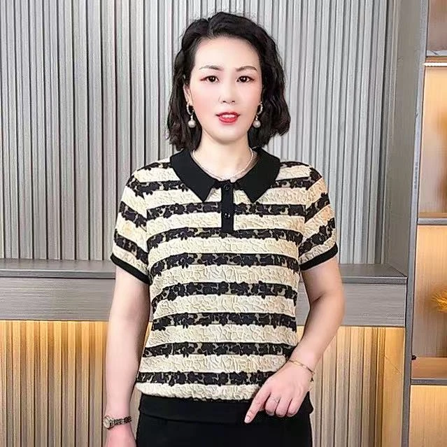 妈妈装翻领撞色条纹短袖夏季时尚显瘦中老年女装气质大码洋气小衫