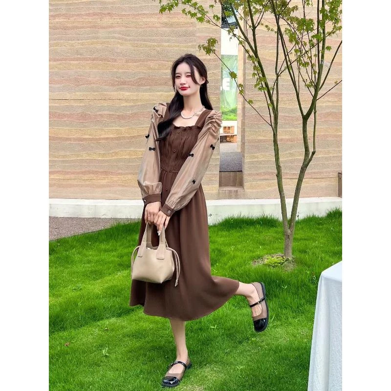 美美推荐2377 秋新款拼接连衣裙方领蝴蝶结装饰收腰显瘦A字裙