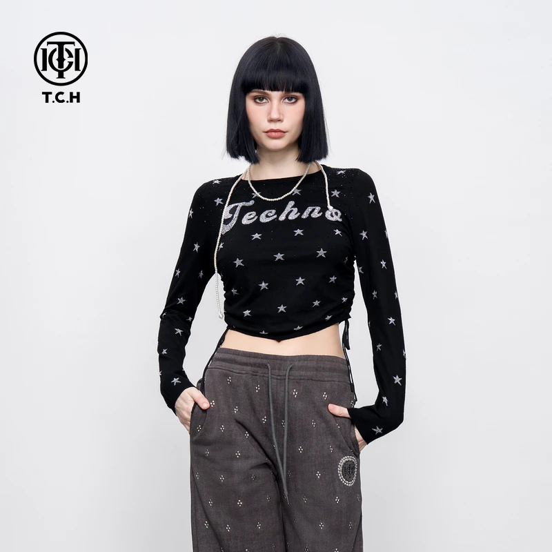TCH 星星烫钻气质抽绳收腰显瘦辣妹针织衫女短款上衣2025春季新款