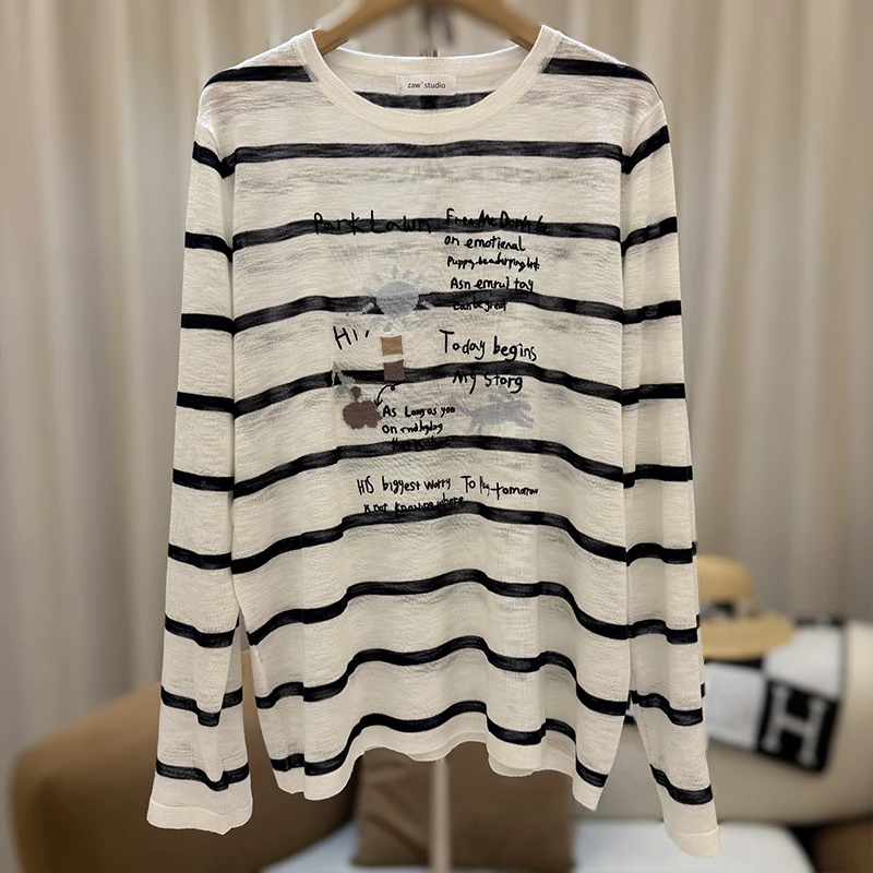 zaw大码女装防晒长袖条纹冰丝针织衫薄款胖mm上衣遮肚子显瘦25323