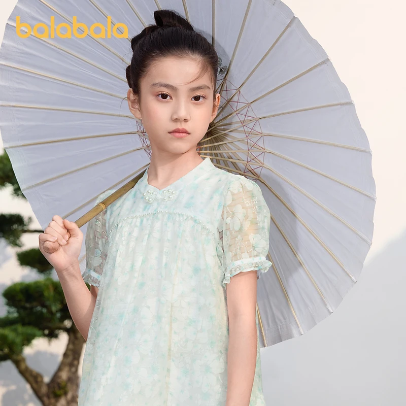 巴拉巴拉女童连衣裙儿童裙子夏装印花国风裙子新中式盘扣洋气时尚