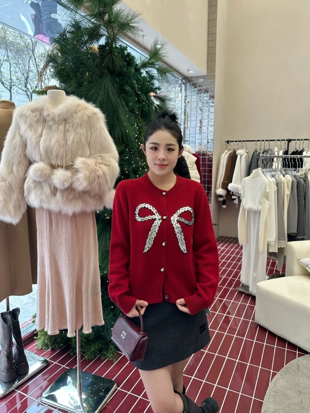 蝴蝶结亮片毛衣开衫